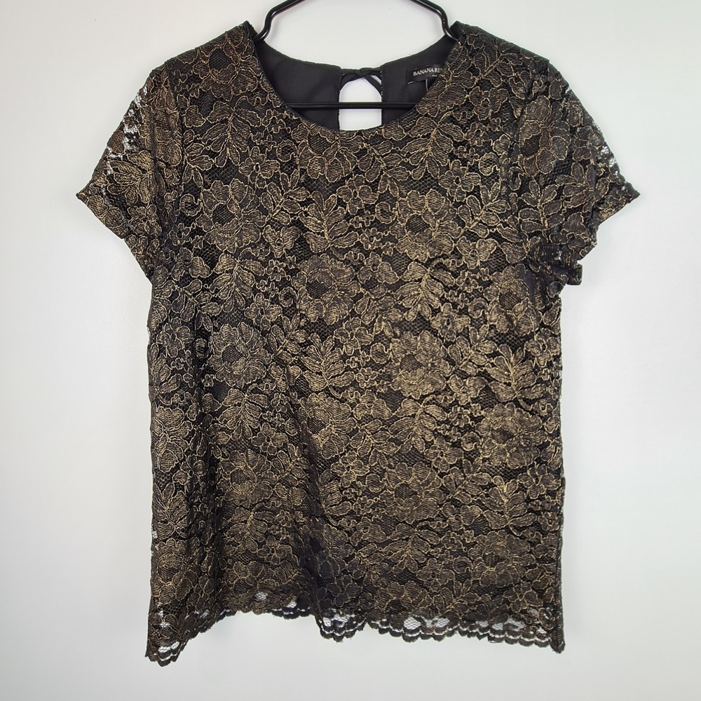 BANANA REPUBLIC Factory Women Short Sleeve Lace‎ Overlay Top Medium Gold Black